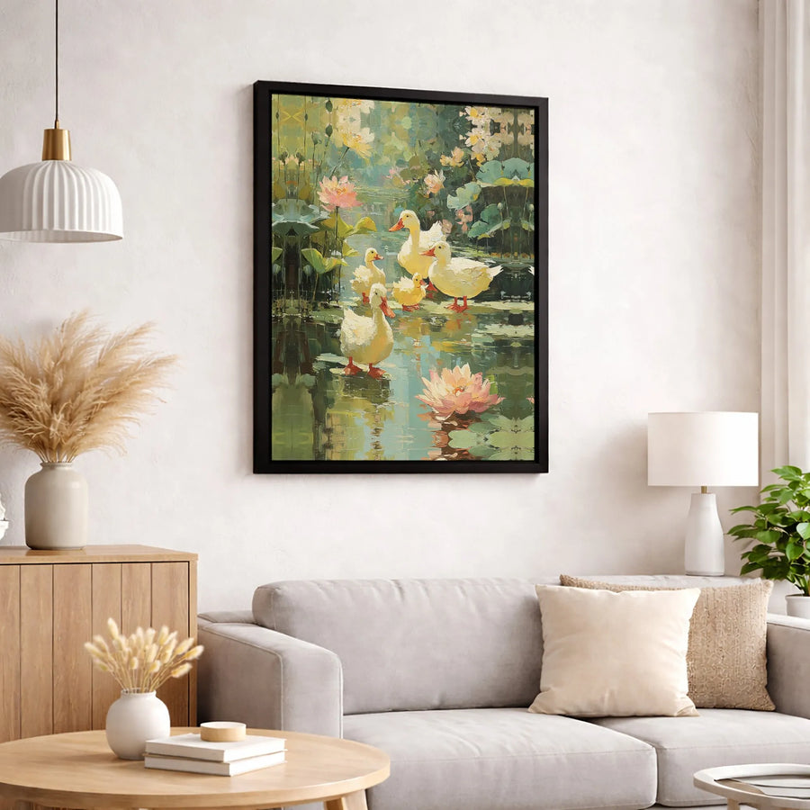 Duck Family Canvas Wall Art | Impressionist Pond Landscape with Lilies | Premium Fade-Resistant Gallery Print | Whimsical Nursery or Living Room Decor