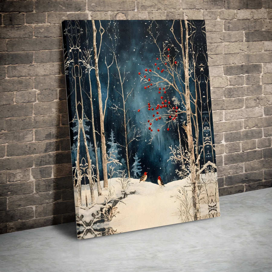 Winter Forest Canvas Wall Art | Snowy Bird & Red Berry Landscape | Gallery Wrapped Premium Decor | Holiday Seasonal Gift for Nature Lovers