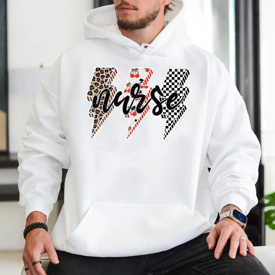 Retro Nurse Hoodie | Leopard Cherry & Checkered Lightning Bolt Design | Soft Cotton Blend Pullover | Gift for RN LPN Nursing Student Appreciation
