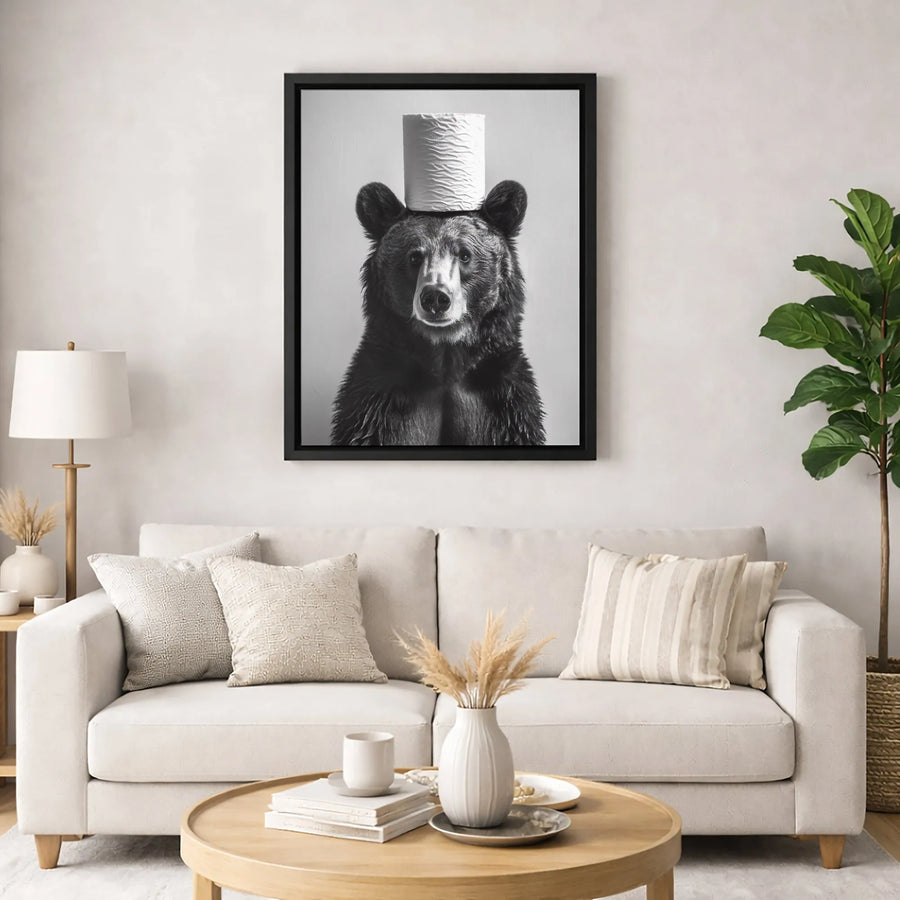 Funny Bear Wall Art | Toilet Paper Hat Animal Portrait | Premium Gallery Wrapped Canvas | Quirky Bathroom Decor Gift For Him