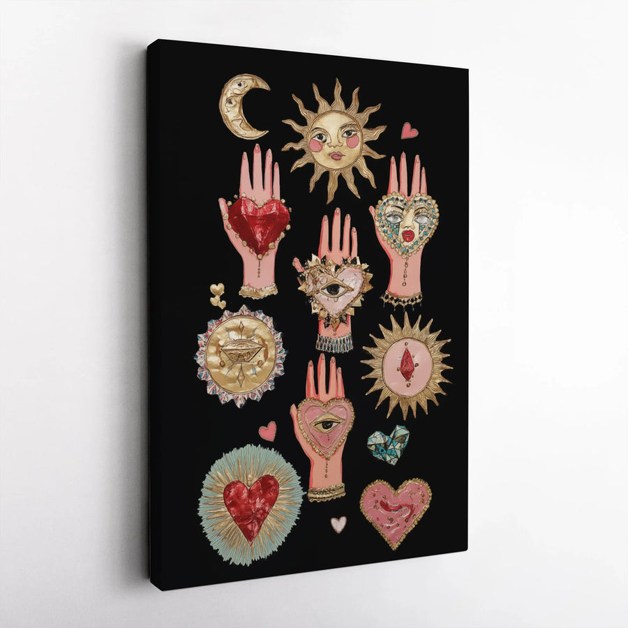 Mystical Celestial Canvas Art | Sacred Heart and Sun Hands Design | Premium Gallery-Wrapped Wall Decor | Spiritual Home Office Aesthetic Gift
