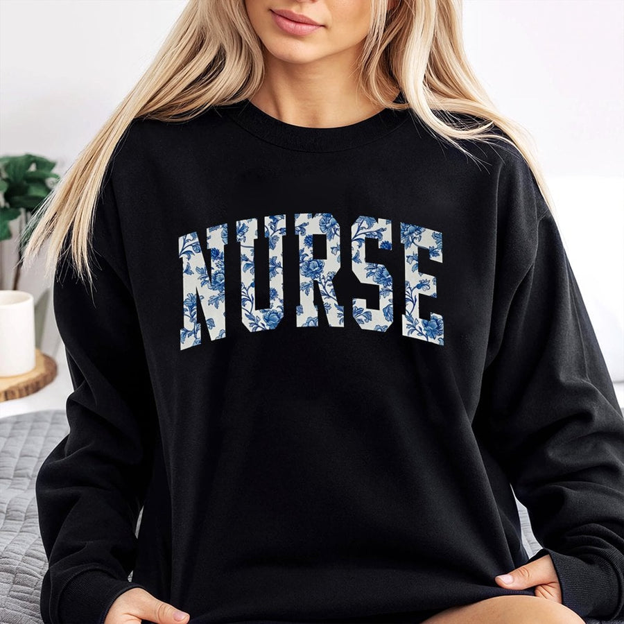 Nurse Sweatshirt | Blue Toile Floral Lettering | Premium Cotton Blend | Graduation Gift for Nursing Student or Registered Nurse