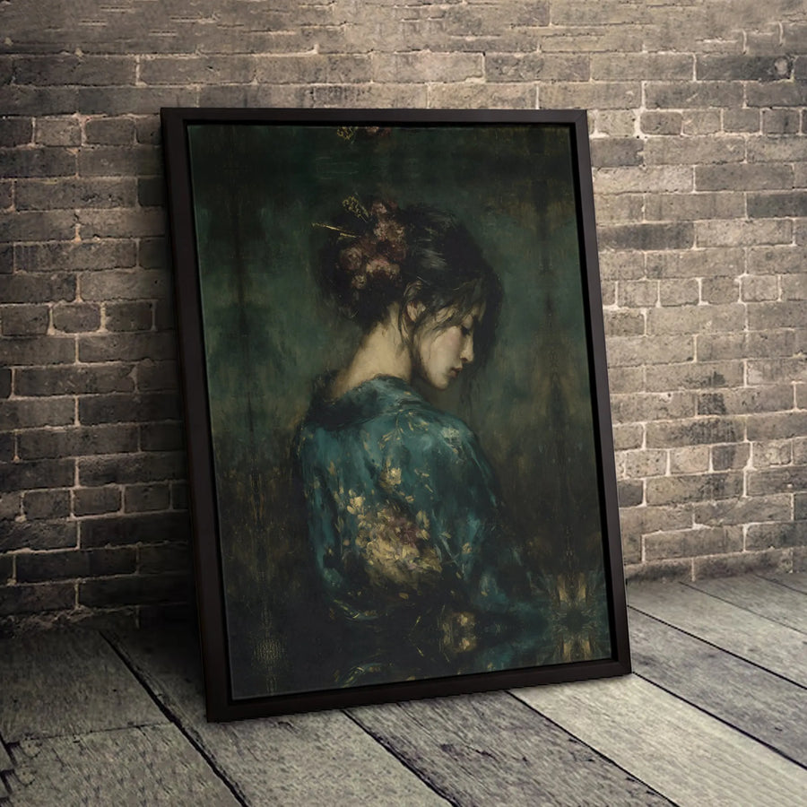 Japanese Woman Portrait Canvas Art | Moody Floral Kimono Oil Painting Style | Premium Gallery Wrap Wall Decor | Elegant Home & Office Aesthetic Gift
