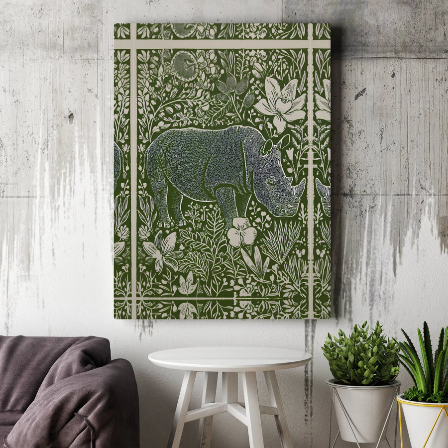 Rhino Botanical Canvas Print Wall Art | Vintage Jungle Rhinoceros Linocut Illustration | Premium Fade-Resistant Print | Nature Lover Gift & Maximalist Home Decor