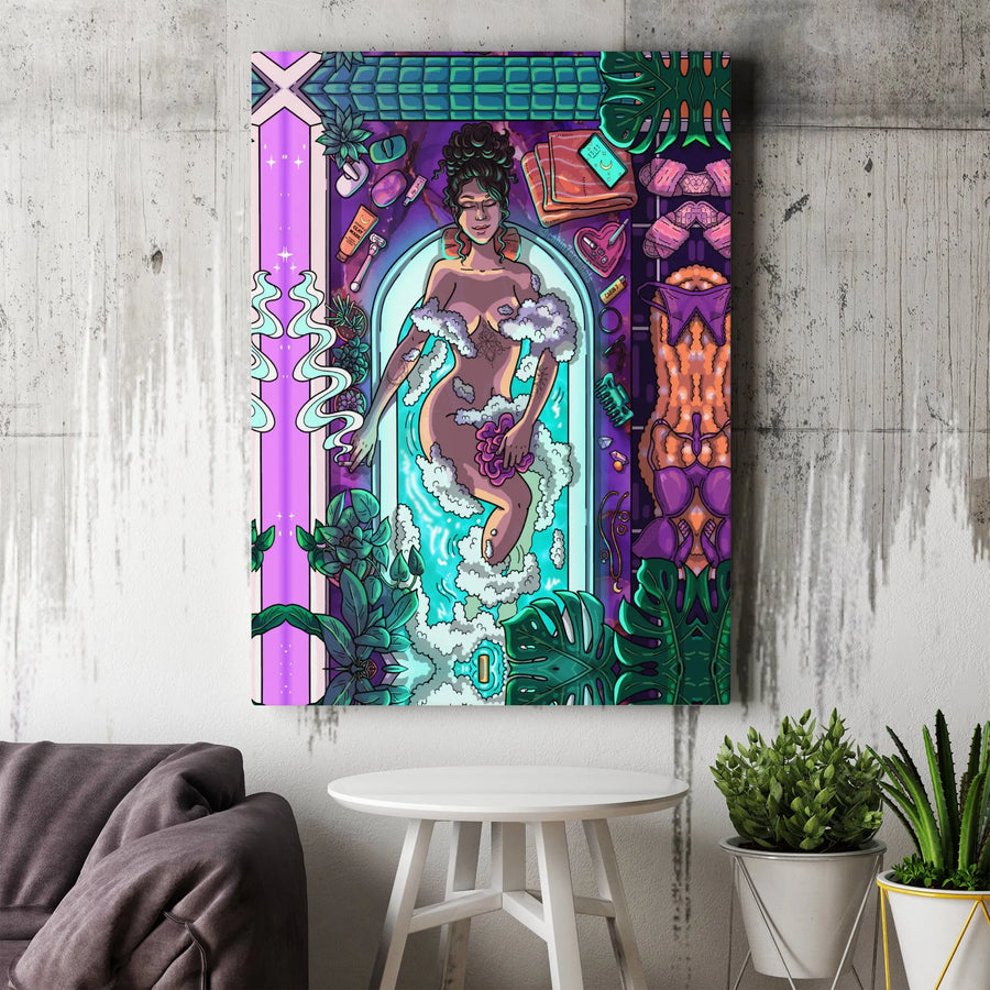 Stoner Self Care Canvas Wall Art | Vibrant Psychedelic Bathtub Illustration | Premium Fade-Resistant Print | Unique Bathroom Decor Gift