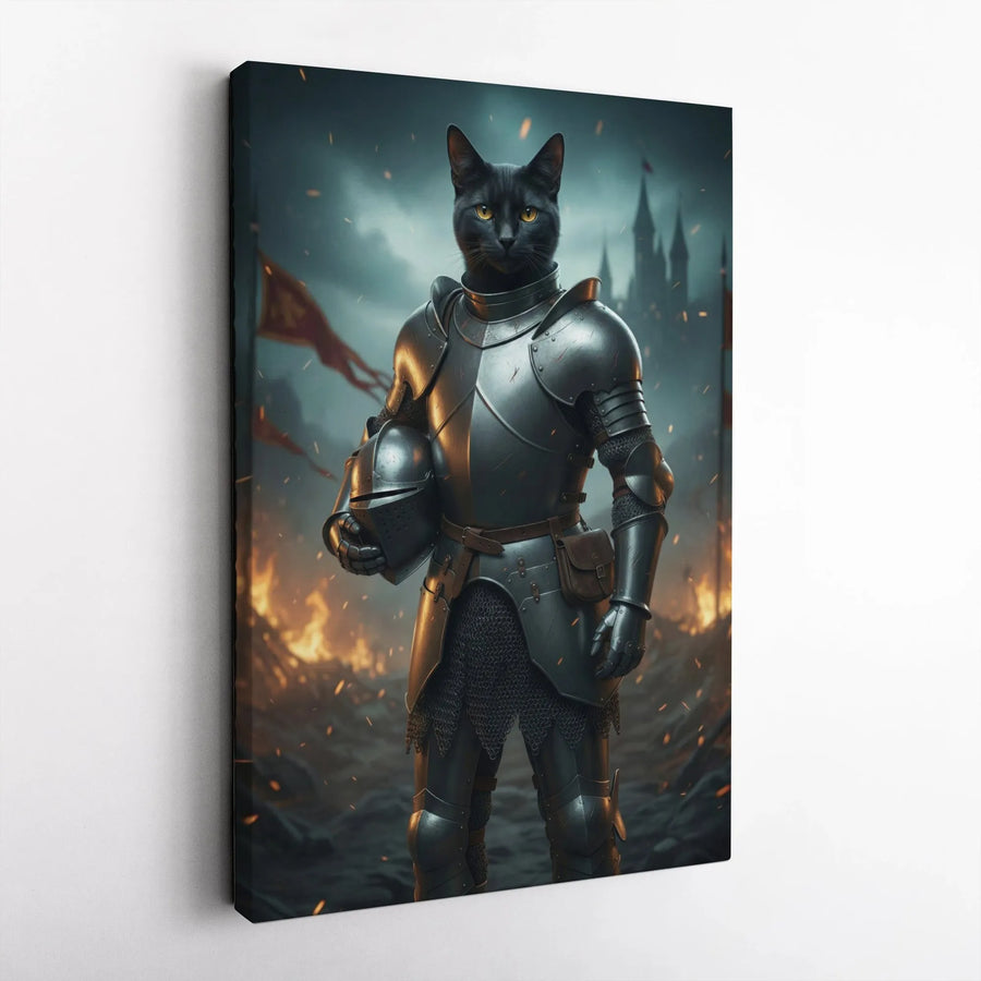 Black Cat Knight Canvas Wall Art | Medieval Warrior Fantasy Portrait | Premium Gallery Wrapped Canvas | Gift for Cat Lovers & Gamers