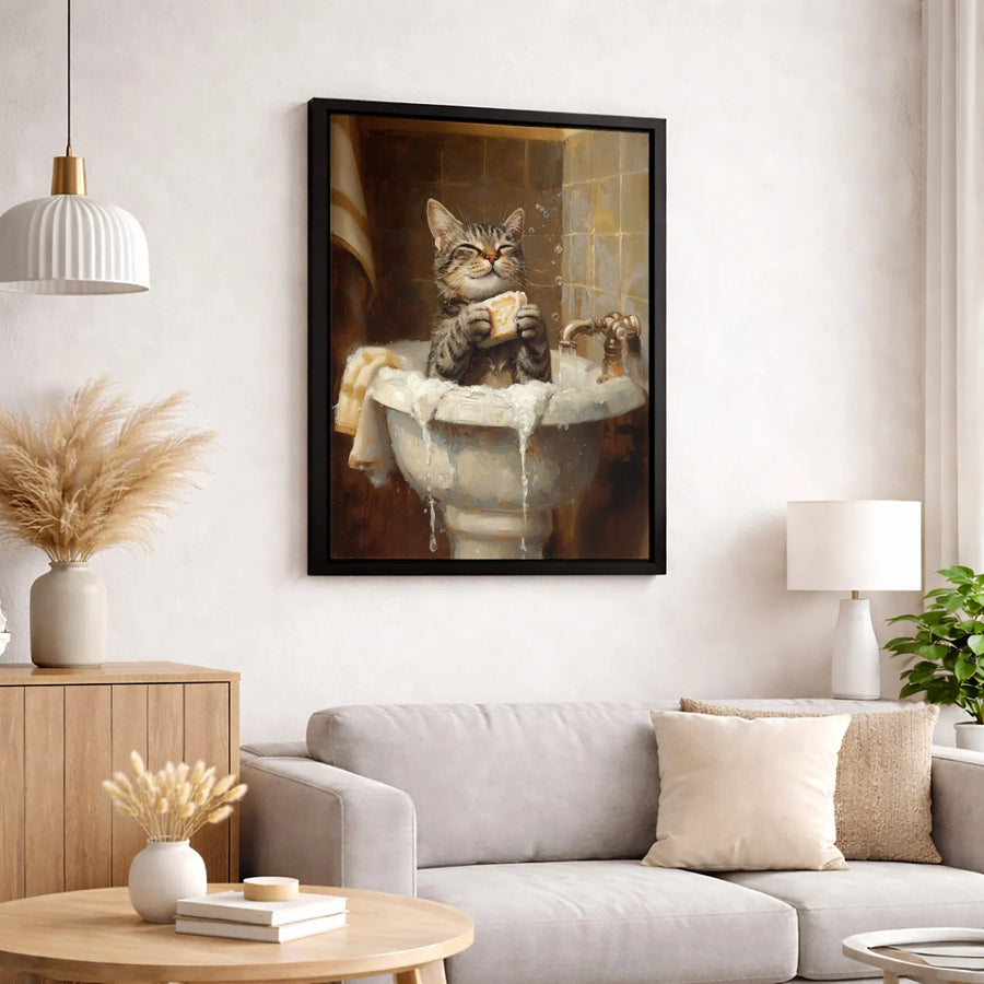 Cat Bubble Bath Canvas Wall Art | Funny Animal Oil Painting Print | Premium Gallery Wrapped Decor | Whimsical Bathroom Decor Gift