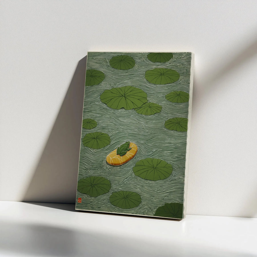 Japanese Frog Vertical Canvas | Ukiyo-e Style Frog on Lily Pad Art | Premium Gallery Canvas | Minimalist Zen Home Decor Gift