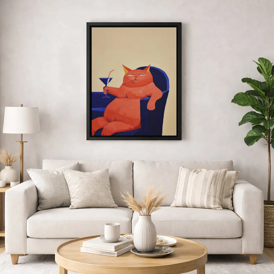 Funny Orange Cat Canvas Print | Relaxed Tabby With Martini Cocktail | Premium Gallery Wrapped Decor | Whimsical Animal Wall Art Gift