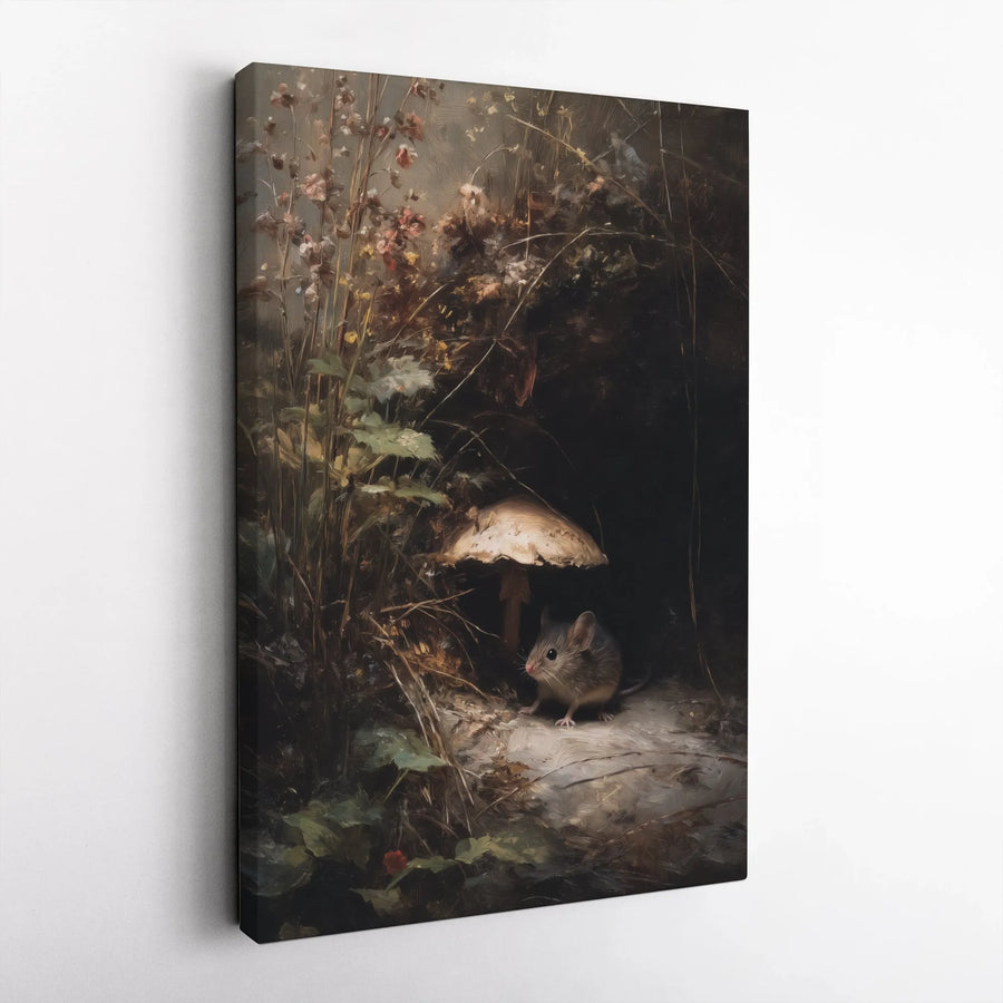 Vintage Mouse Painting Canvas Wall Art | Moody Forest with Mushroom | Premium Canvas Print | Dark Academia & Cottagecore Home Decor Gift