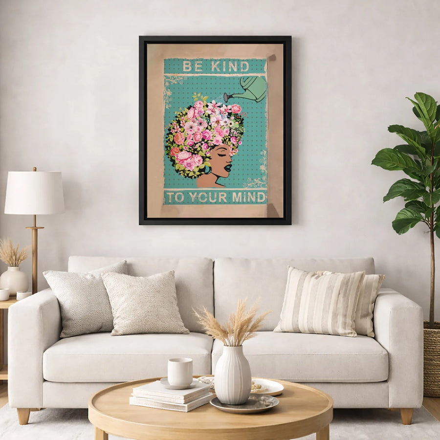 Be Kind To Your Mind Wall Art | Black Woman Floral Afro Design | Premium Gallery Canvas | Mental Health Awareness Gift