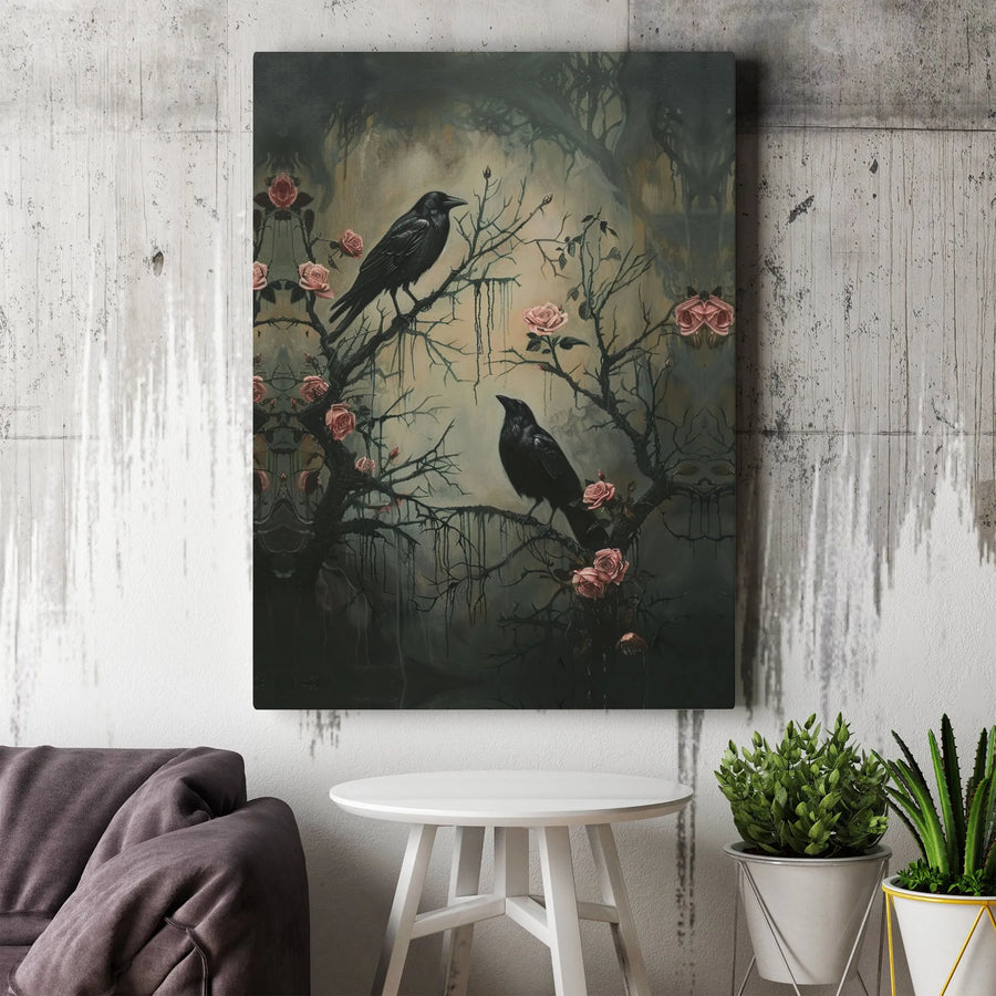 Gothic Crow Wall Art | Dark Academia Pink Rose Canvas | Premium Fade-Resistant Print | Moody Romantic Home Decor Gift