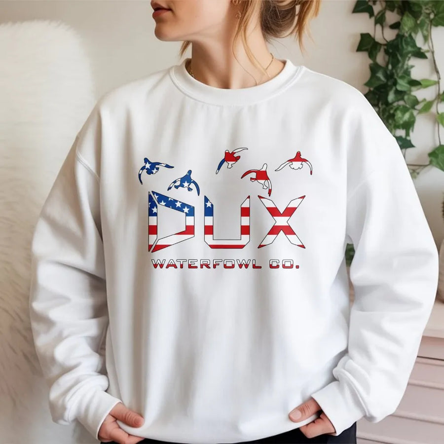 Duck Hunting Sweatshirt | Patriotic USA Flag Dux Waterfowl Design | Premium Unisex Crewneck | Gift for Duck Hunters and Outdoor Enthusiasts