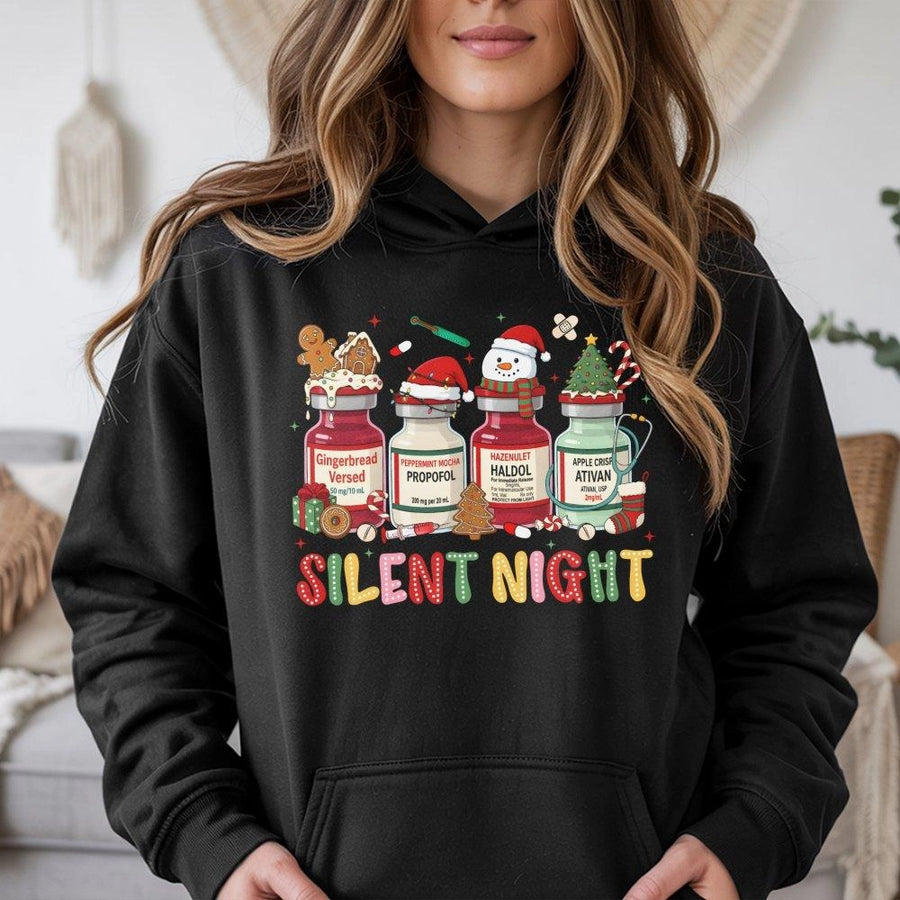 Silent Night Nurse Hoodie | Christmas Medical Medication Vials Design | Soft Cotton-Blend Premium Sweatshirt | Funny ICU RN Holiday Gift
