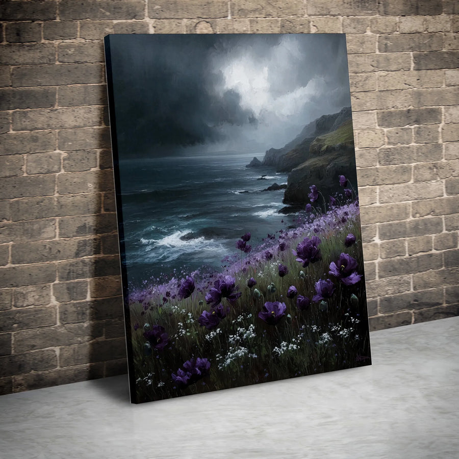 Stormy Seascape Wall Art | Moody Ocean Cliff with Purple Poppies | Premium Gallery Wrapped Canvas | Atmospheric Home Office Decor Gift
