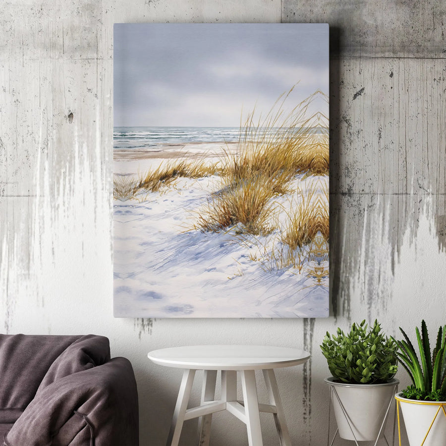 Winter Beach Canvas Wall Art | Watercolor Snowy Coastal Landscape | Premium Frameless Print | Modern Nautical Living Room Decor