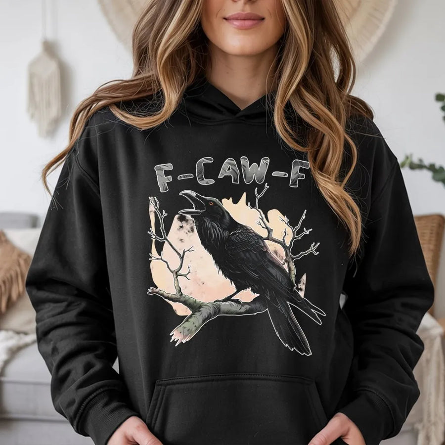 Raven Hoodie | Funny F-Caw-F Crow Graphic Design | Premium Cotton Blend Unisex Pullover | Bird Lover Gift & Cottagecore Apparel