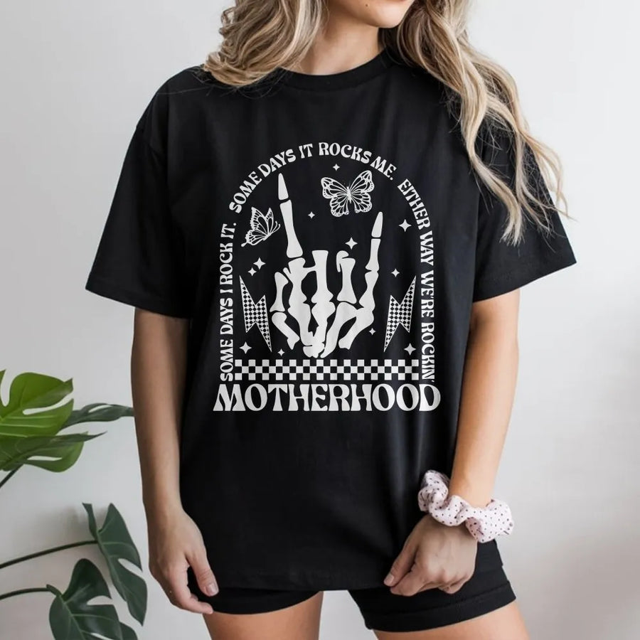 Motherhood Rock Skeleton T-Shirt | Edgy Floral Butterfly Graphic Tee | 100% Soft Cotton Premium Quality | Trendy Gift for Mom & Funny Motherhood Shirt