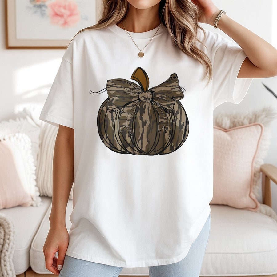 Camo Pumpkin Bow T-Shirt | Fall Coquette Aesthetic Graphic Tee | 100% Cotton Premium Quality | Hunting Season Gift for Her