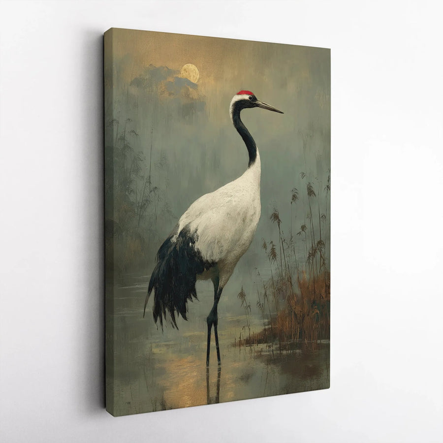 Japanese Red-Crowned Crane Canvas Wall Art | Serene Moonlit Marsh Wildlife Print | Premium Gallery-Wrapped 1.25" Profile | Elegant Zen Home Decor