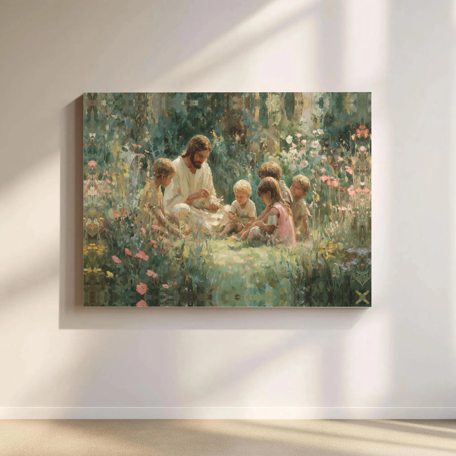 Jesus with Children Canvas Print | Impressionist Religious Art of Christ in a Floral Garden | Premium Gallery Wrapped Canvas | Christian Home Decor Gift