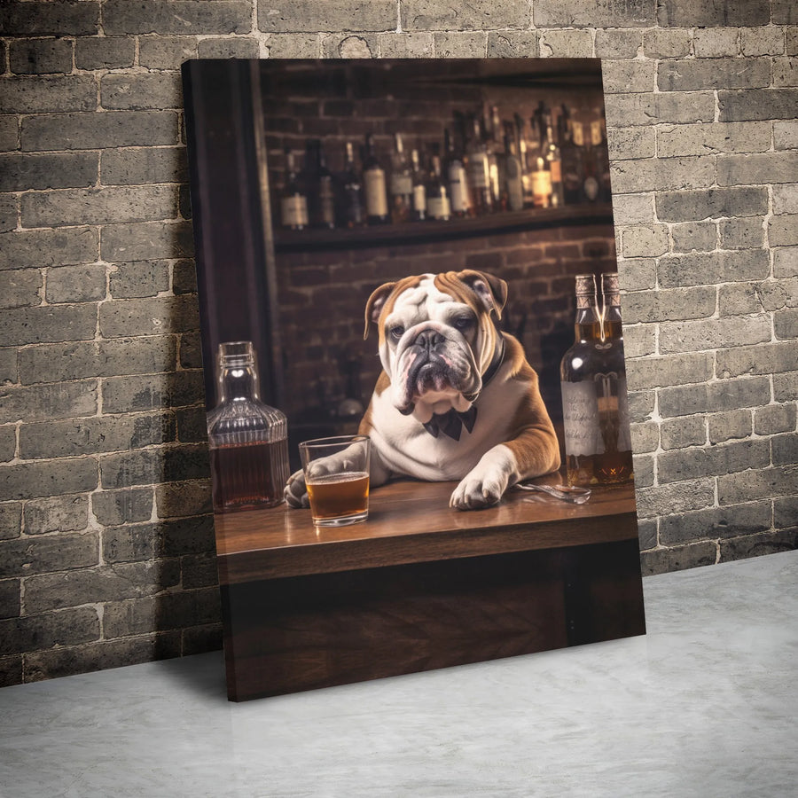 English Bulldog Whiskey Bar Canvas | Dapper Dog in Bow Tie Wall Art | Premium Gallery Wrap Decor | Unique Gift for Dog Lovers