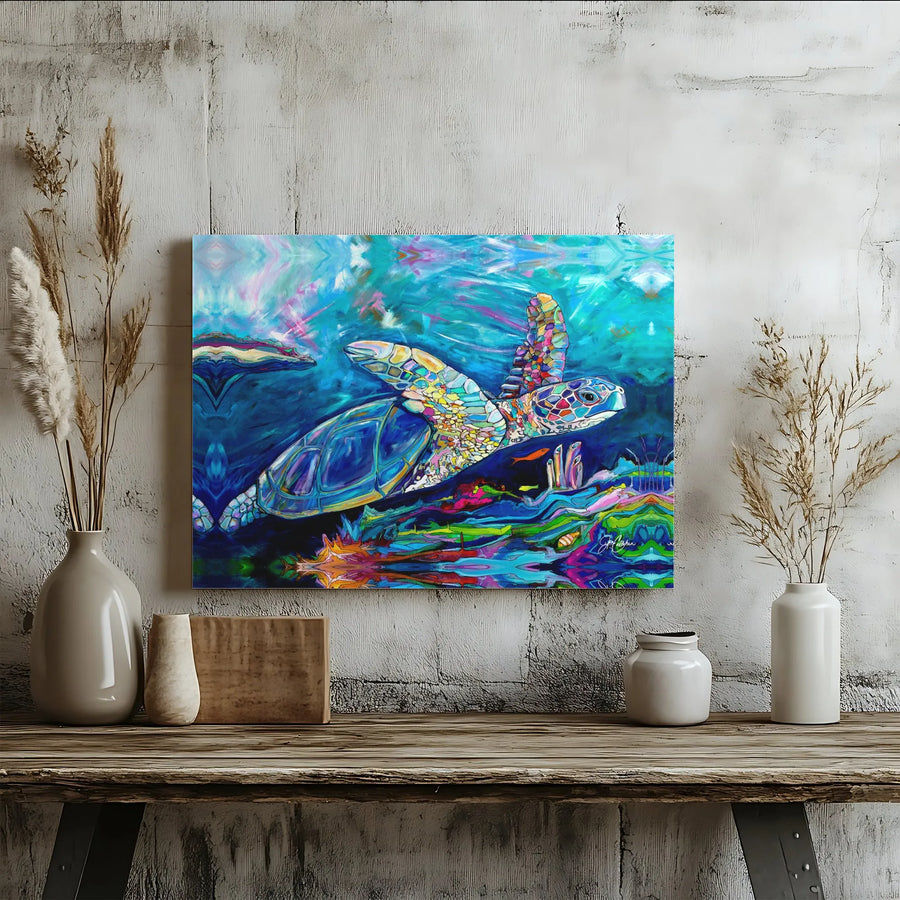 Sea Turtle Canvas Wall Art | Abstract Ocean Painting Print | Premium Stretched Canvas | Coastal Home Decor Gift for Marine Life Lovers