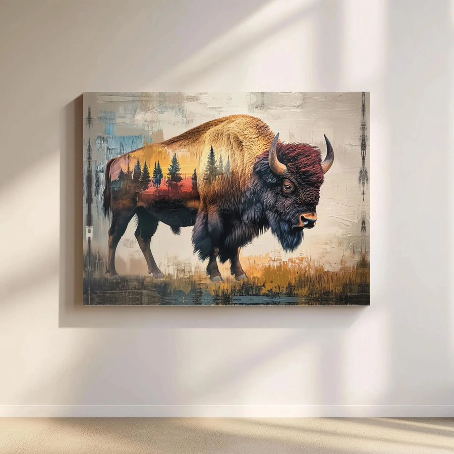 Bison Canvas Wall Art | Abstract Buffalo with Double Exposure Forest | Premium Gallery Wrapped Canvas | Rustic Wildlife Decor Gift for Nature Lovers