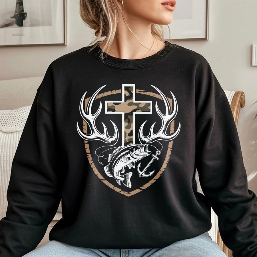 Camo Cross Hunting Sweatshirt | Antler Fish Graphic Design | Premium Cotton Blend | Christian Outdoorsman Gift for Him or Her