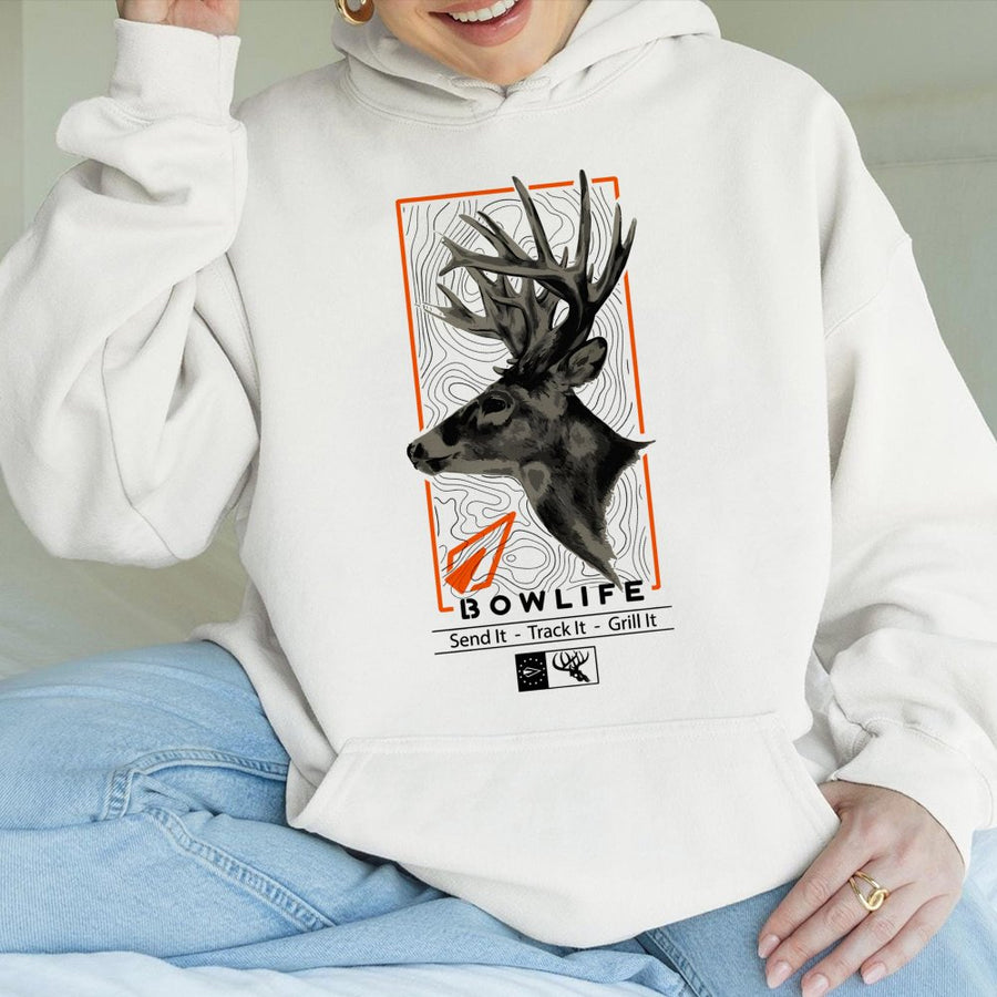 Bowhunting Hoodie | Deer Archery Design with Topographic Map | Premium Cotton Blend | Gift for Bowhunters and Outdoor Enthusiasts