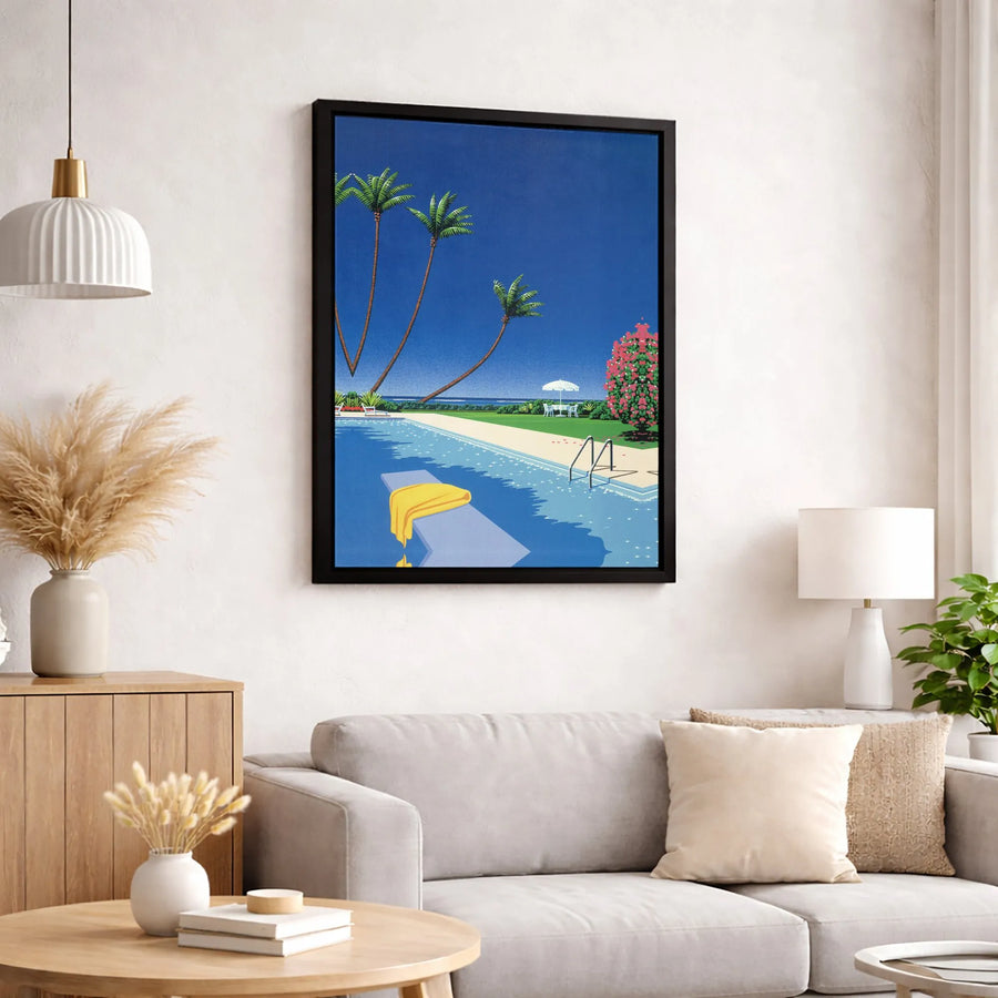 Japanese City Pop Swimming Pool Canvas | Retro 80s Palm Tree Aesthetic Wall Art | Premium Gallery-Wrapped Print | Minimalist Summer Home Decor Gift