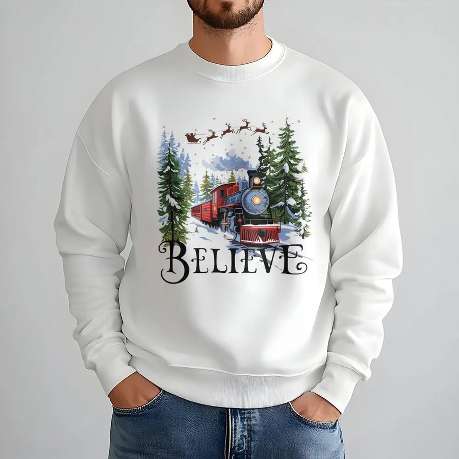 Believe Christmas Train Sweatshirt | Retro Holiday Graphic Sweater | Premium Cotton Blend | Magical Winter Apparel Gift for Adults