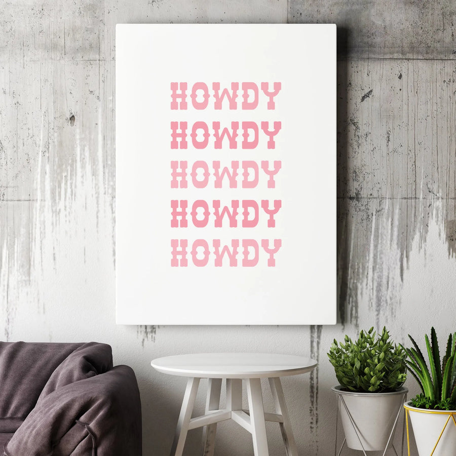 Howdy Wall Art Canvas | Pink Western Typography Decor | 1.25 Inch Gallery Wrap | Aesthetic Cowgirl Room Decor for Bedroom or Living Room