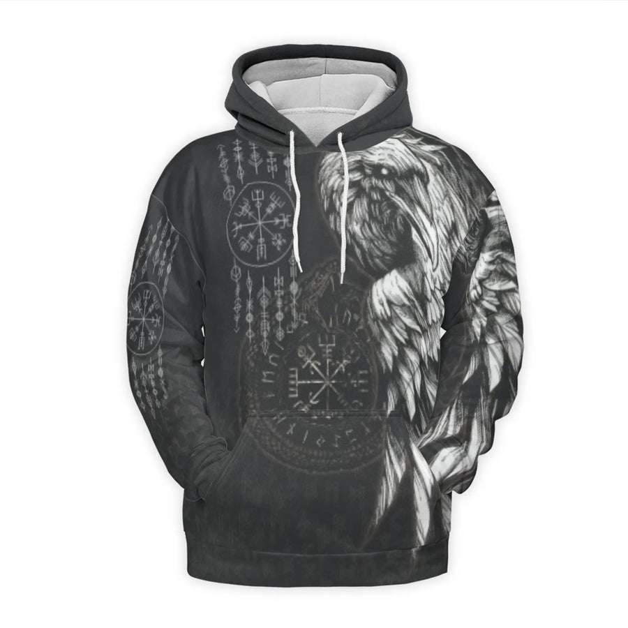 Viking Raven Hoodie | Vegvisir Norse Compass Graphic Print | Premium Polyester Fleece Lining | Unisex Norse Mythology Gift for Him or Her