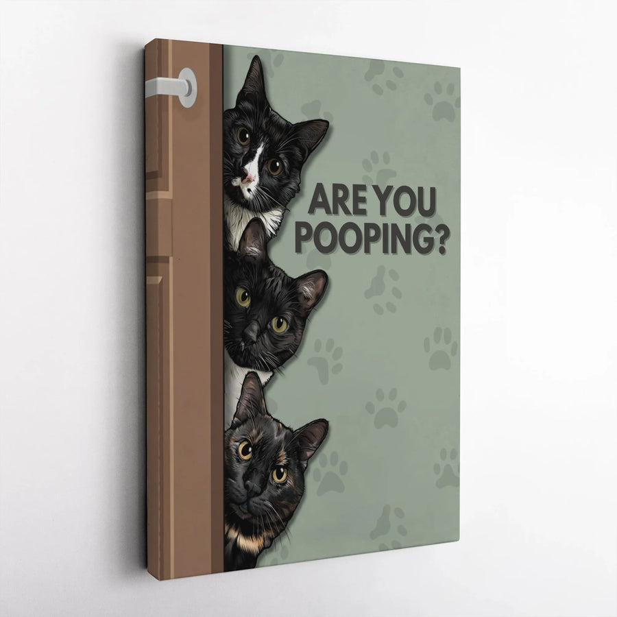 Are You Pooping Cat Wall Art | Funny Bathroom Sign with Three Peeking Kitties | 1.25-Inch Premium Gallery Canvas | Humorous Home Decor Gift for Cat Lovers