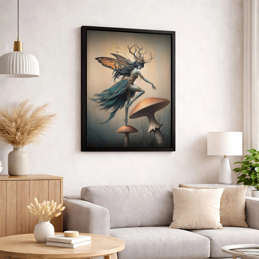 Dark Fairy Canvas Wall Art | Antlered Woodland Sprite with Butterfly Wings | Premium Fade-Resistant Gallery Wrap | Gothic Fantasy Decor for Home