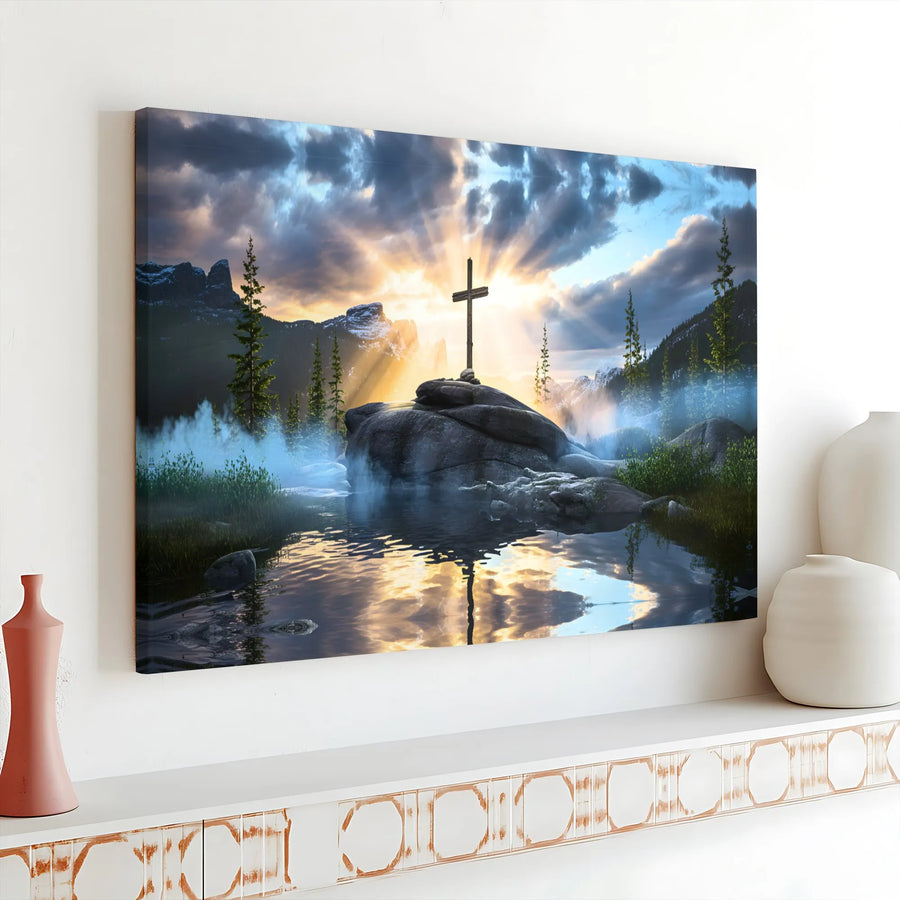 Christian Cross Canvas Wall Art | Mountain Lake Sunrise Print | Premium Gallery Wrapped Canvas | Spiritual Gift for Christian Home Decor