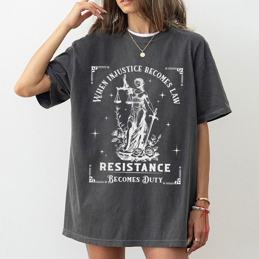 Injustice Becomes Law T-Shirt | Lady Justice Illustration Design | Premium 100% Cotton Tee | Empowering Protest Gift For Activists