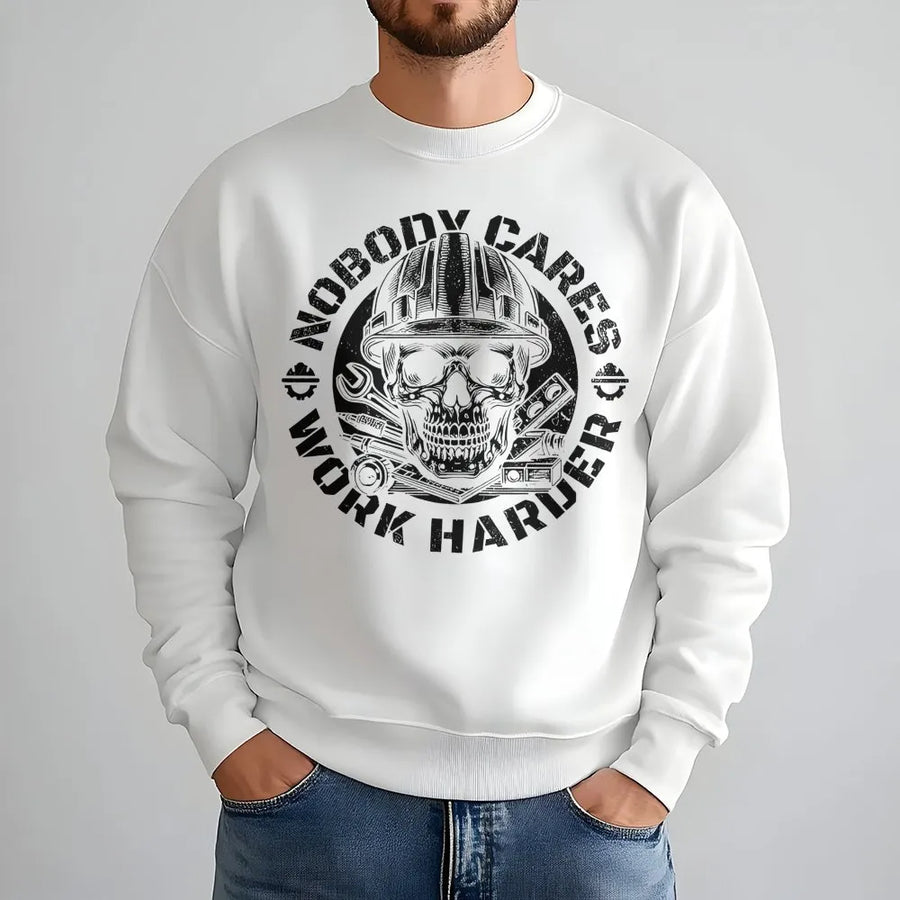 Work Harder Sweatshirt | Construction Worker Skull Graphic | Premium Cotton Blend | Gift For Engineer, Contractor, Blue Collar Men
