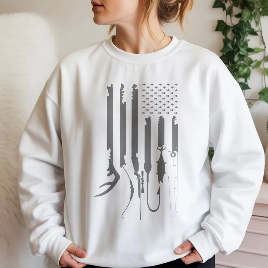 Hunting Fishing Flag Sweatshirt | American Flag Outdoors Graphic | Premium Cotton Blend | Gift for Hunters and Anglers