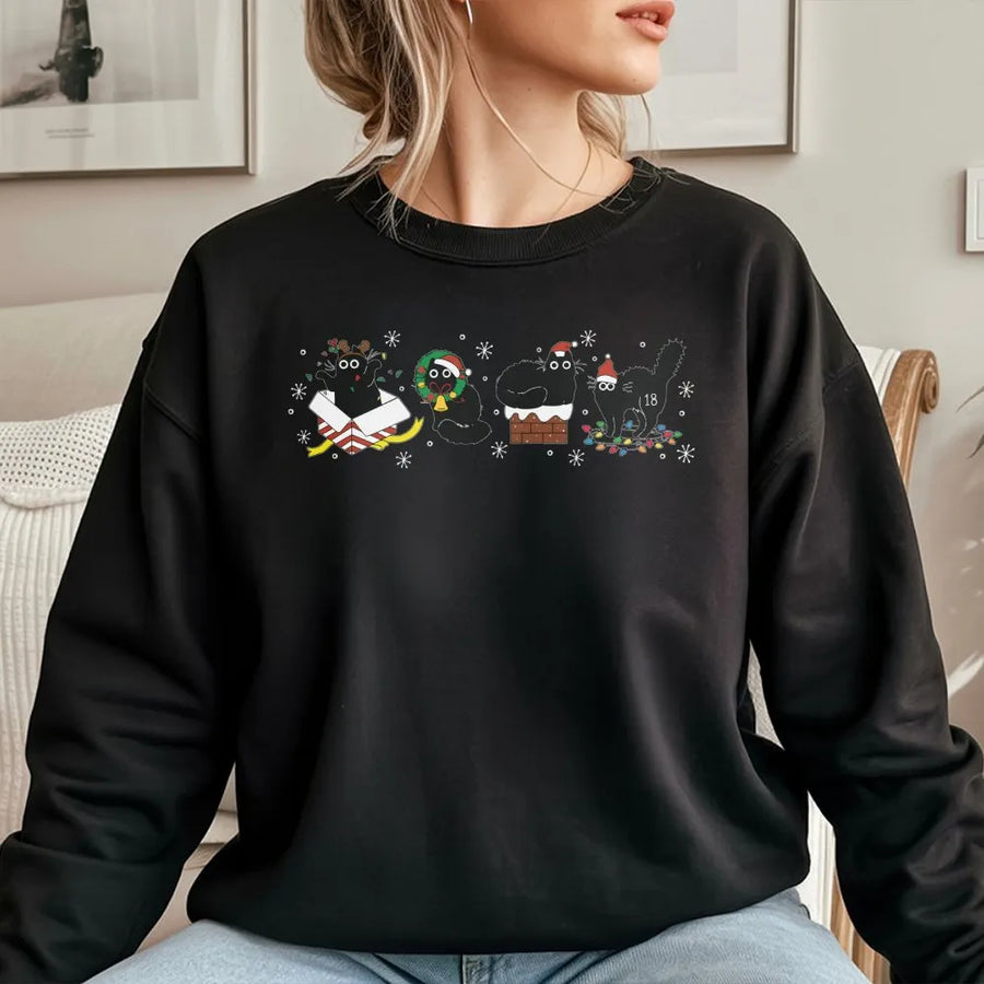 Funny Christmas Cat Sweatshirt | Black Kittens Holiday Design | Premium Soft Cotton Blend | Cute Xmas Gift for Cat Lovers