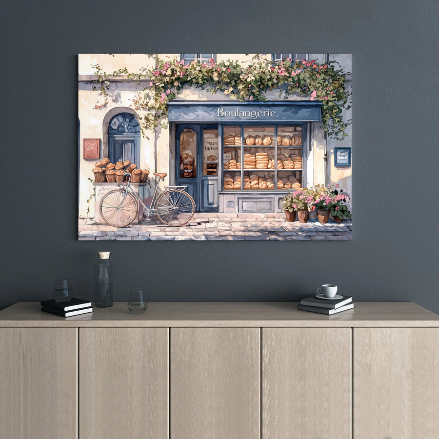 French Bakery Wall Art | Boulangerie Street Scene With Bicycle | Gallery Wrap Canvas Print | Paris Inspired Home Decor Gift
