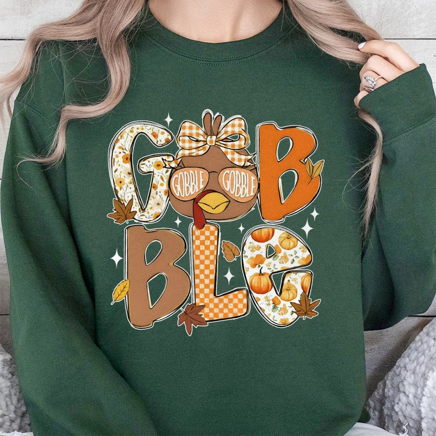 Gobble Gobble Thanksgiving Sweatshirt | Cute Turkey Fall Graphic | Premium Cotton Blend Crewneck | Unisex Holiday Gift for Women Men