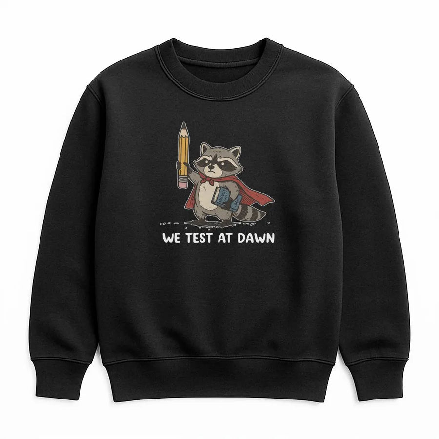 Teacher Testing Day Sweatshirt | We Test At Dawn Racoon Graphic | Premium Comfort Colors Pullover | Gift for Test Coordinator and Educators