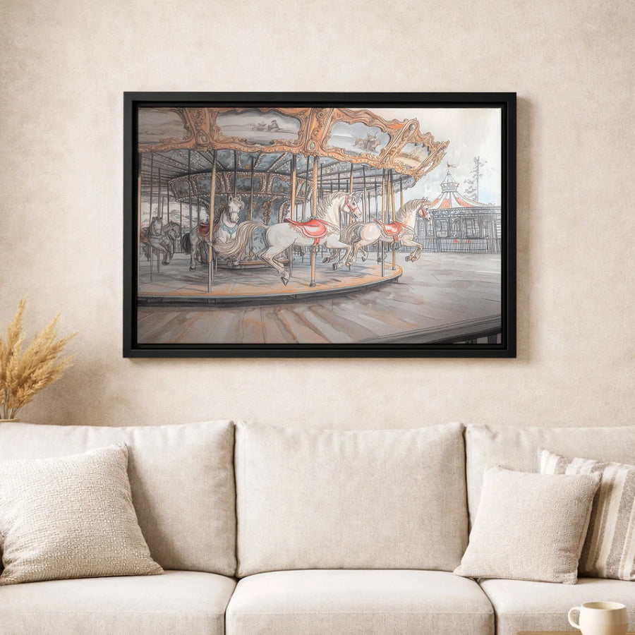 Vintage Carousel Canvas Print | White Horse Fairground Sketch | Gallery Quality Wall Art | Nostalgic Nursery and Home Decor Gift