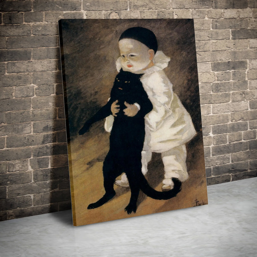 Vintage Black Cat Vertical Canvas Print | Théophile Steinlen Pierrot Child Classic Fine Art | Premium 1.25 Inch Gallery Wrap Wall Decor | Antique Painting Gift for Cat Lovers