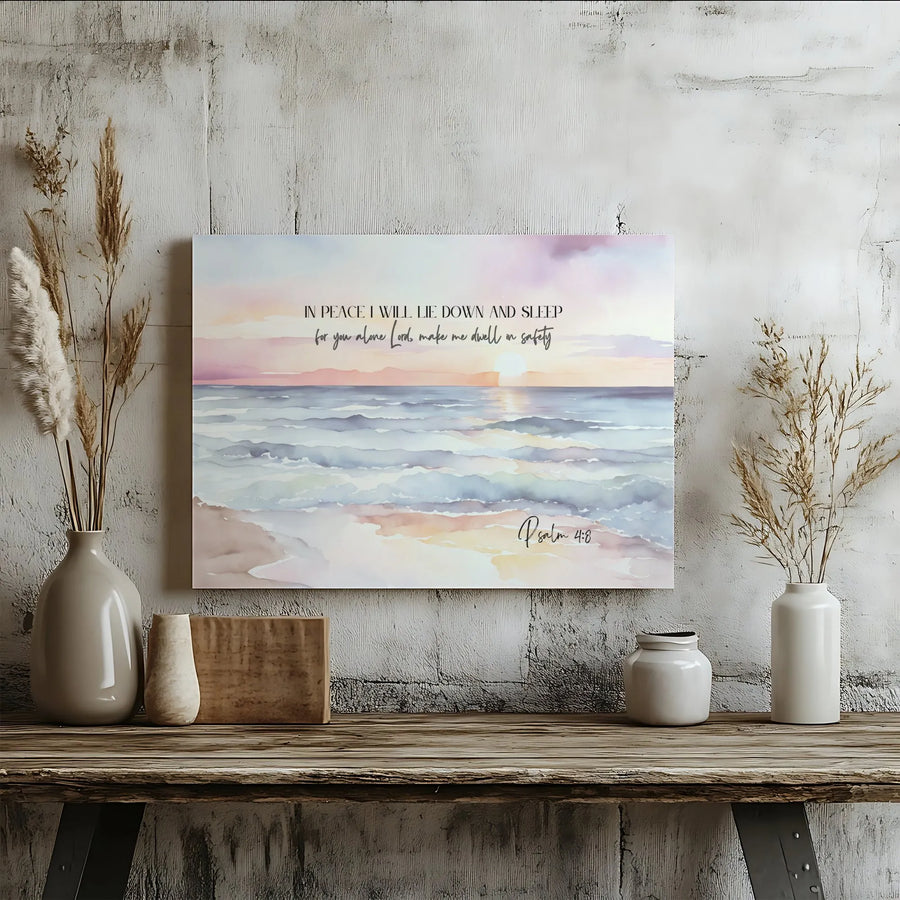 Psalm 4:8 Scripture Wall Art | Watercolor Beach Sunset Painting | Premium Thick Canvas | Christian Home Decor Gift