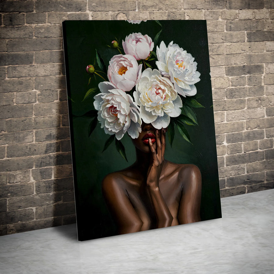 Black Woman Peony Portrait Canvas Print | Abstract Botanical Flower Face Art | Premium Gallery Wrapped Decor | Gift for Her Living Room