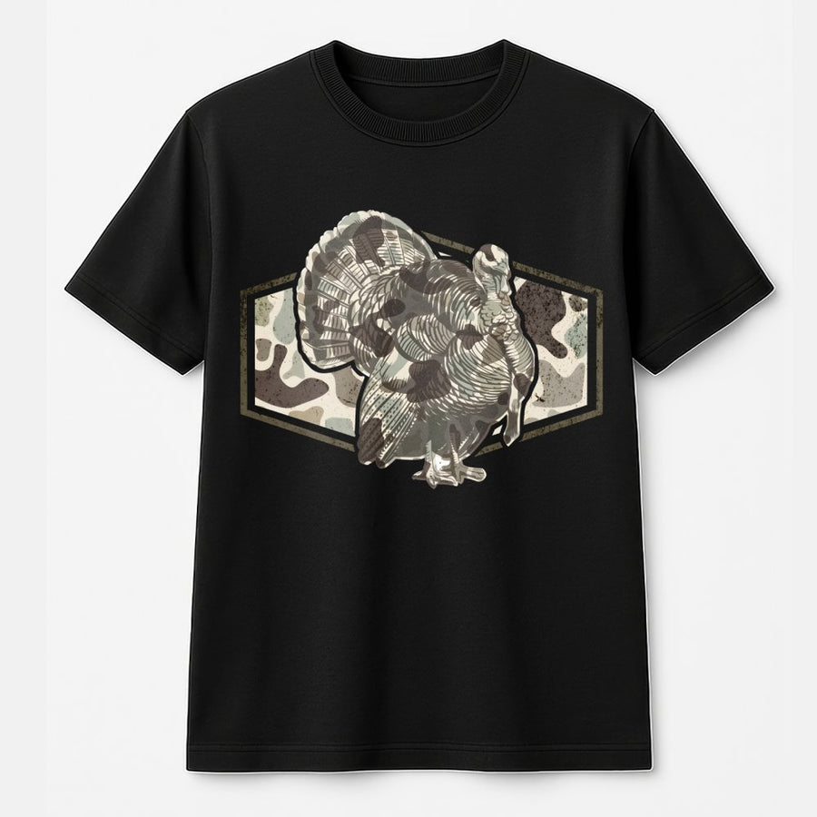 Turkey Hunting Camo T-Shirt | Distressed Wildlife Graphic Print | 100% Premium Cotton | Nature Lover Gift for Outdoorsmen