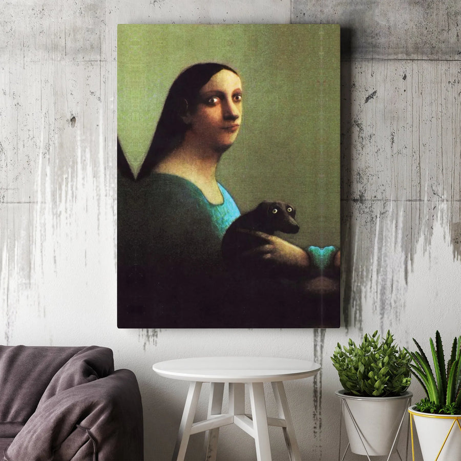 Funny Cursed Dog Meme Canvas Print | Renaissance Woman with Dog Painting | Premium Stretched Canvas | Unique Dark Academia Wall Art Gift